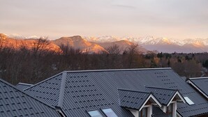 Ein Wohngebiet mit Häusern, die Satteldächer haben, vor einer Bergkulisse.