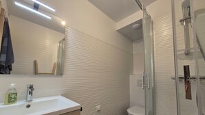A modern bathroom with a glass shower enclosure, a white sink with a mirror, and a toilet.