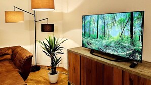 A living room with a flat-screen TV, a brown leather sofa, a floor lamp, and a potted plant. - Untersee Suite | Lake nearby – Terrace - Workspace (Radolfzell)