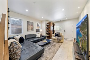 Smart TV, fireplace, books