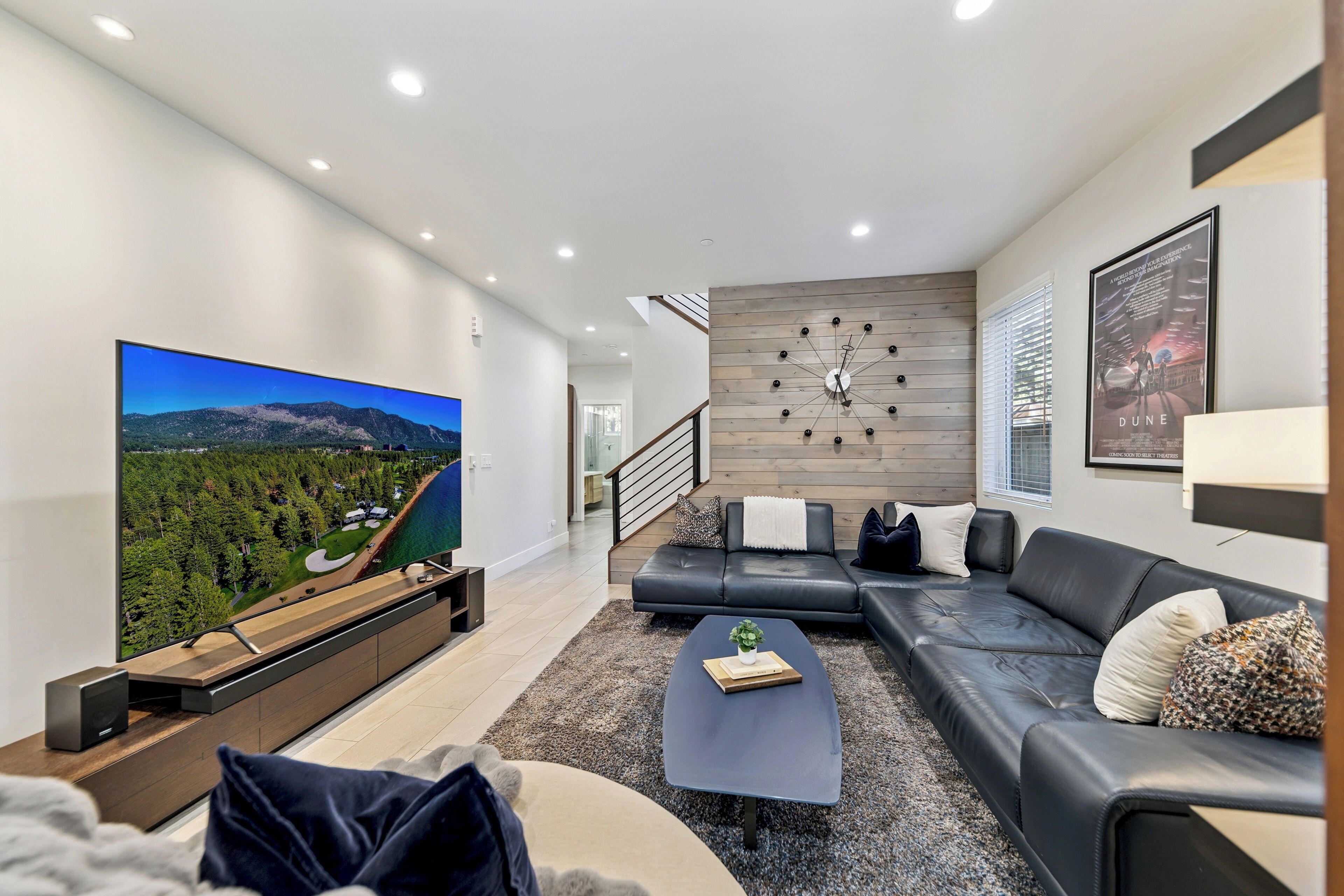 Smart TV, fireplace, books