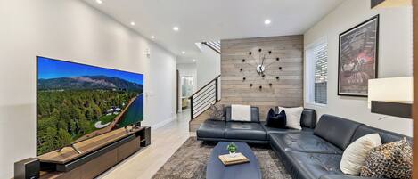 Smart TV, fireplace, books