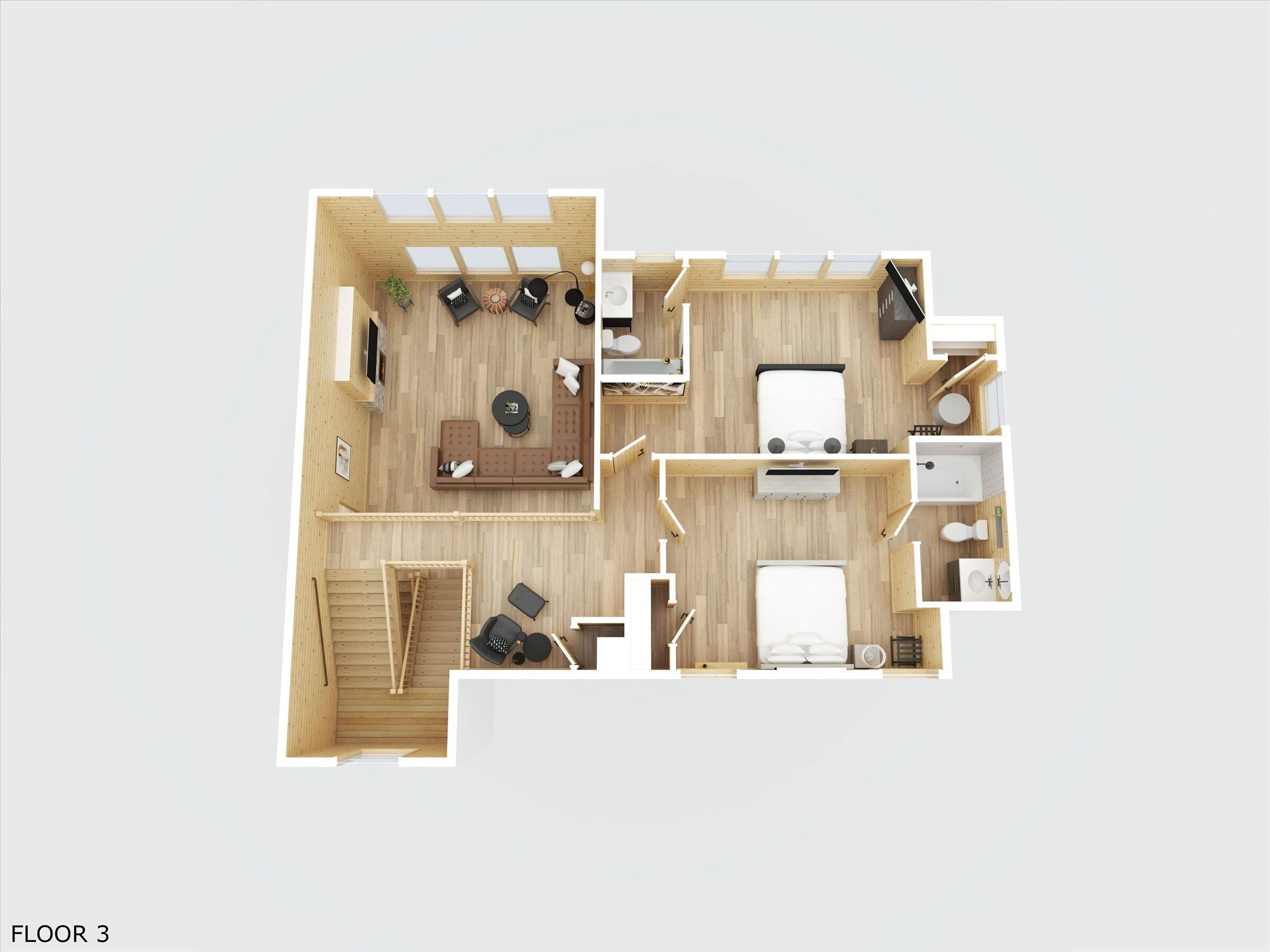 Ein 3D-Grundriss eines Hotelzimmers mit Wohnbereich, Bett, Bad und einer Küchenzeile.
