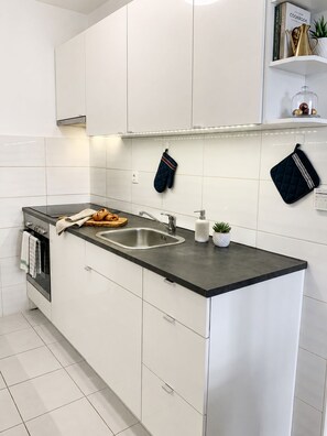 A modern kitchen with white cabinetry, a black countertop, a stainless steel sink, and a small potted plant.