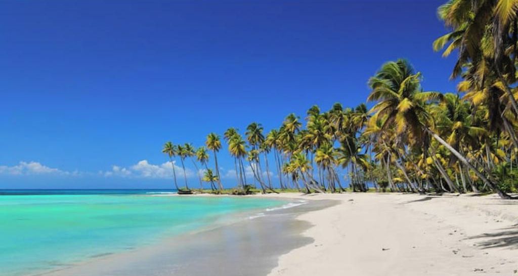 Una spiaggia con acque cristalline turchesi, sabbia bianca e palme sotto un cielo azzurro.