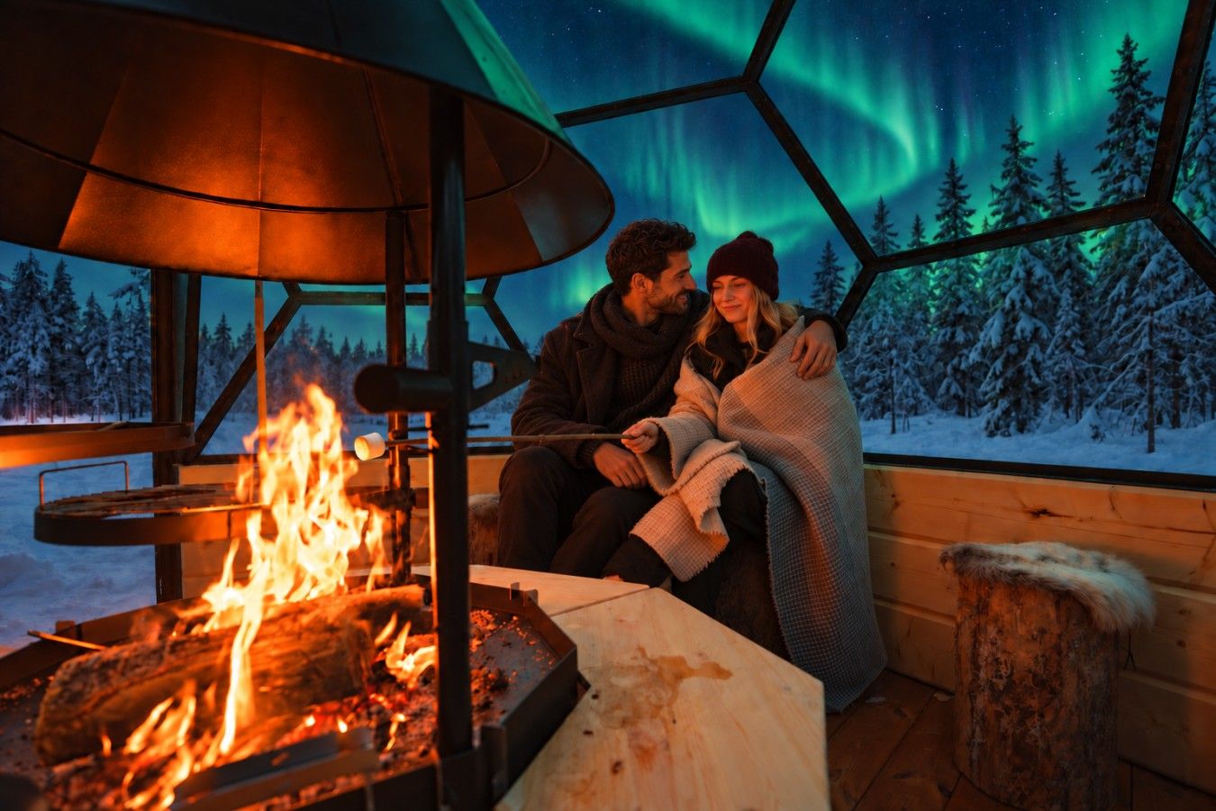 Un couple est assis près d’un feu de cheminée à l’intérieur d’un chalet, avec vue sur les aurores boréales.
