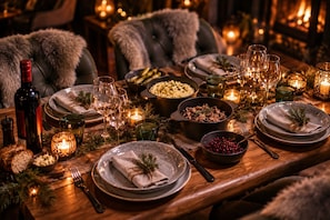 Een gedekte tafel met borden, glazen en kaarsen, wat een knus eetgevoel oproept.
