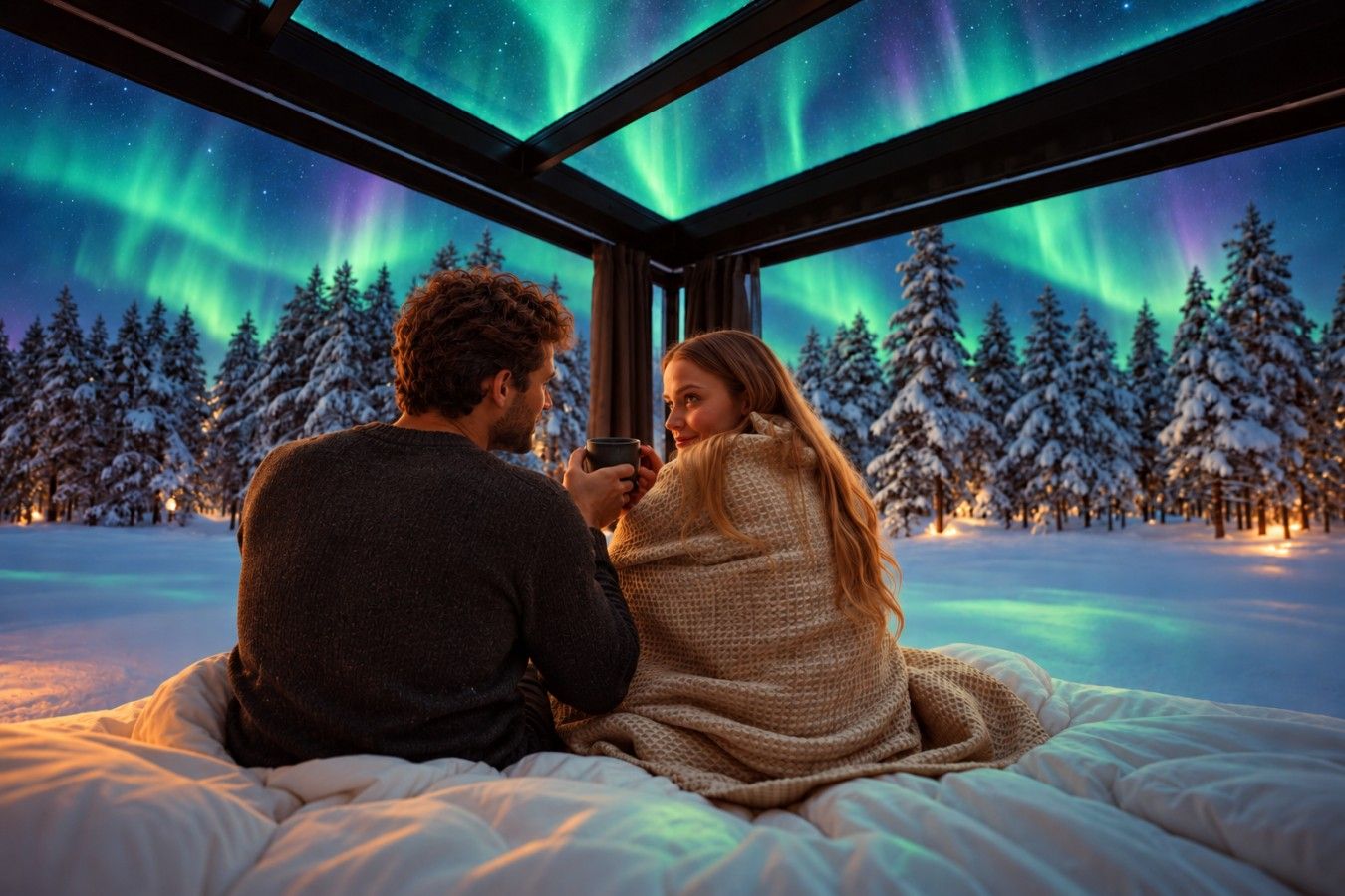 Pariskunta istuu sängyllä, ja ikkunasta avautuu näkymä revontuliin. Heitä ympäröivät lumipeitteiset puut.