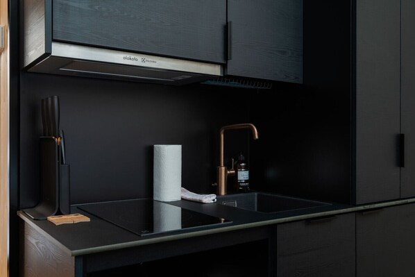 Kühlschrank, Herdplatte, Wasserkocher mit Kaffee-/Teezubehör