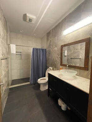 Ein Badezimmer mit Dusche, Toilette und Waschbecken.