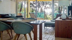 A modern living room with a high ceiling, skylight, and large windows offering a view of the outdoors. - Apart-hotel Quinta Das Eirinhas-jardim De Bonsai (Tavira)