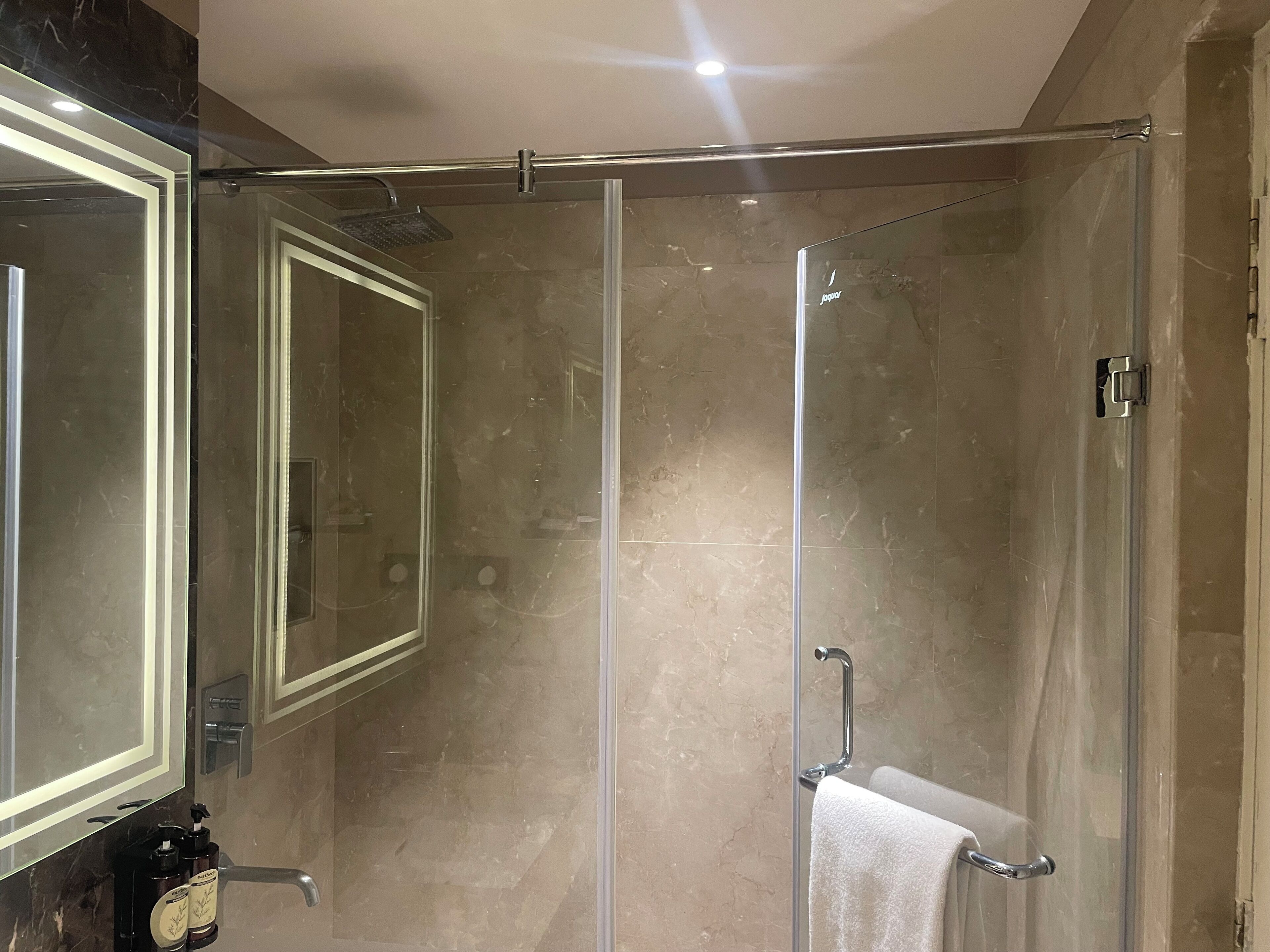 Hair dryer, slippers, towels