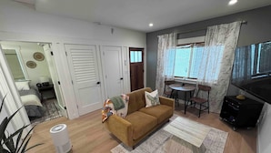 A living room with a brown sofa, a small round table, and a TV. There is a potted plant and a white air purifier.