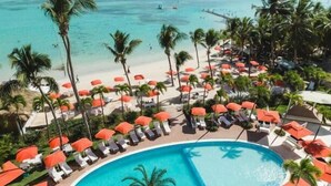 Piscina de un complejo turístico con una palmera como elemento central, rodeada de sillones de descanso y sombrillas, con vistas a una playa y al océano.