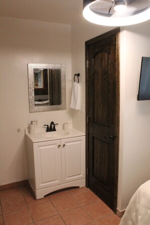 Hair dryer, towels, soap, toilet paper