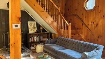 TV, fireplace, books, video library