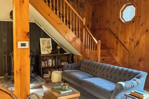 Een televisie, een open haard, boeken en een filmbibliotheek