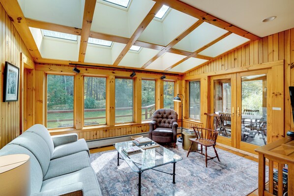 TV, fireplace, books, video library