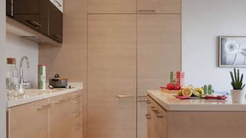 Refrigerador con freezer, microondas, horno, placa de cocina