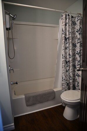 Hair dryer, towels, soap, shampoo