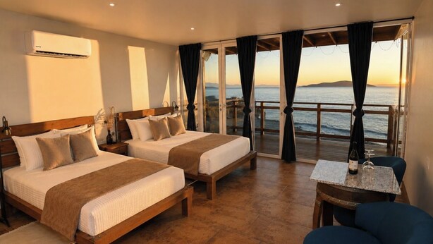 Ett hotellrum med tv å sängar, ett litet bord med en flaska och glas, en stol och utsikt över havet.