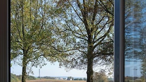 Eine Holzterrasse mit Geländer, mit Blick auf ein grünes Feld und Bäume.