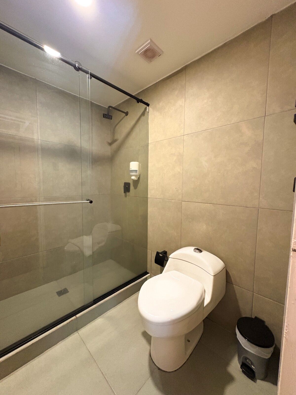 Et moderne badeværelse med et glasafskærmet brusebad, toilet og skraldespand.