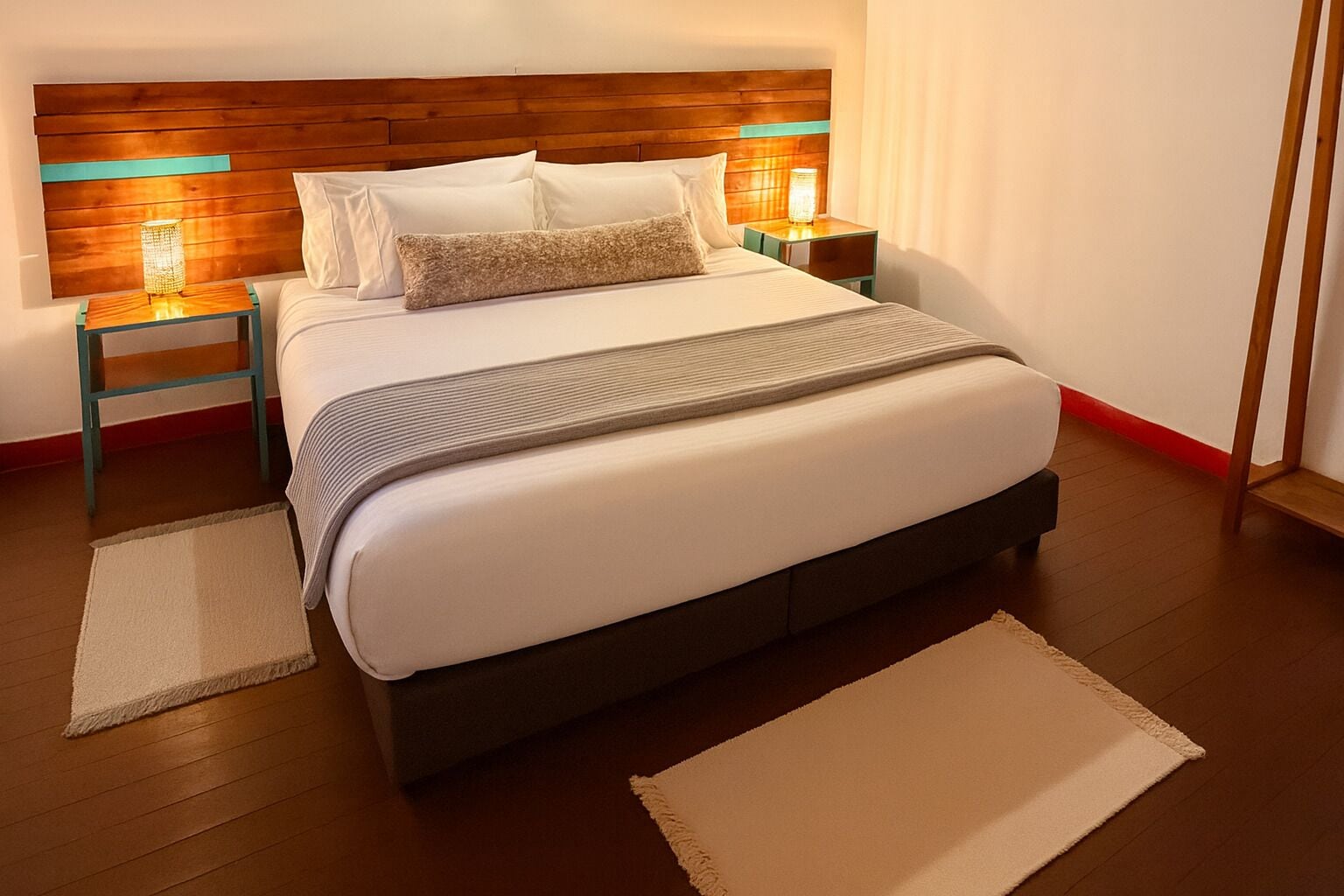 Un dormitorio moderno con cabecera de madera, una cama grande con ropa de cama blanca, dos mesitas de noche con lámparas y suelo de madera.