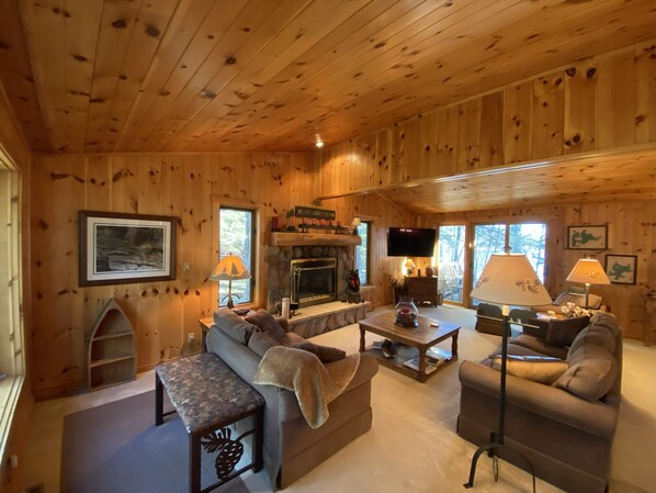 Smart TV, chimenea y libros 