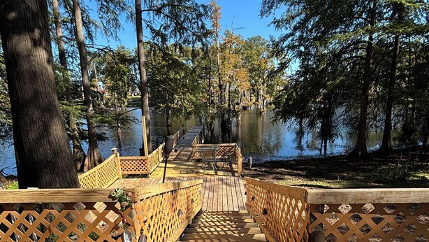 Eine Holzbrücke mit Gittergeländern führt zu einem Steg über ruhigem Wasser, umgeben von hohen Bäumen.