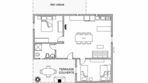 Plano de planta de una habitación de hotel con kitchenette, zona de comedor, terraza cubierta y baño.