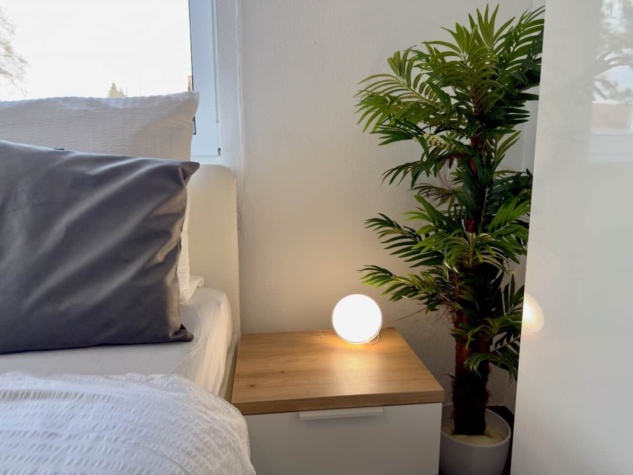Une chambre à coucher avec un lit, une table de chevet avec une lampe, une plante en pot et une fenêtre.
