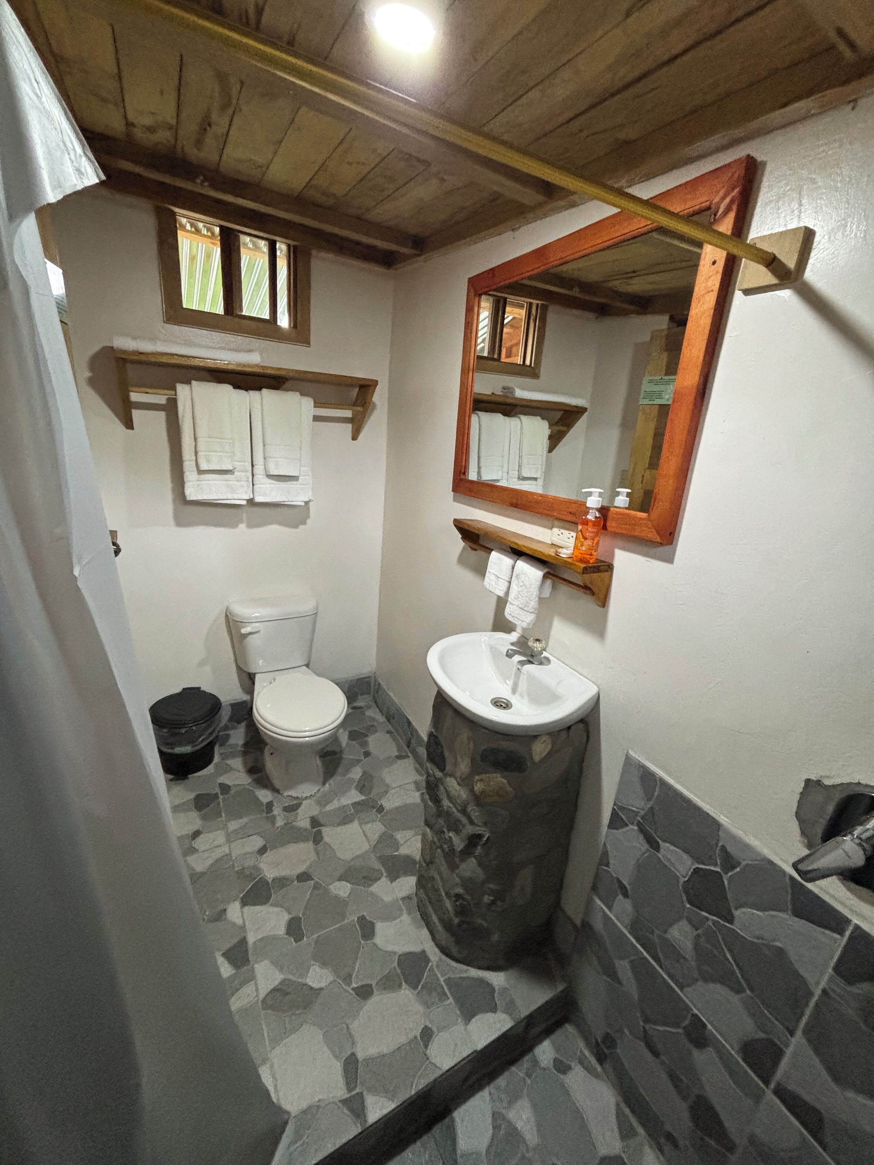Une salle de bain équipée de toilettes, d’un lavabo et d’un miroir. Des serviettes sont suspendues sur un porte-serviettes placé au-dessus des toilettes.
