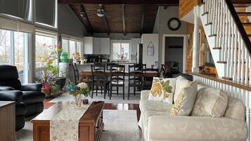 Smart TV, fireplace, video games, DVD player