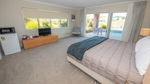 Un dormitorio con cama, televisor, una pequeña kitchenette y vistas al exterior.