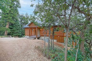 A log cabin with a porch, surrounded by trees.