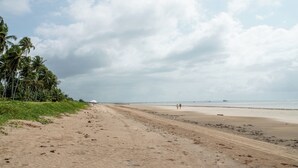 Egy homokos strand, pálmafákkal, és a távolban egy fehér épület látható.