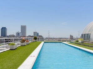 A rooftop pool with a clear view of the city skyline, surrounded by potted plants and a white railing. - Charming Eurobuilding 2 Splendid Madrid, Confort in the city (Madrid)