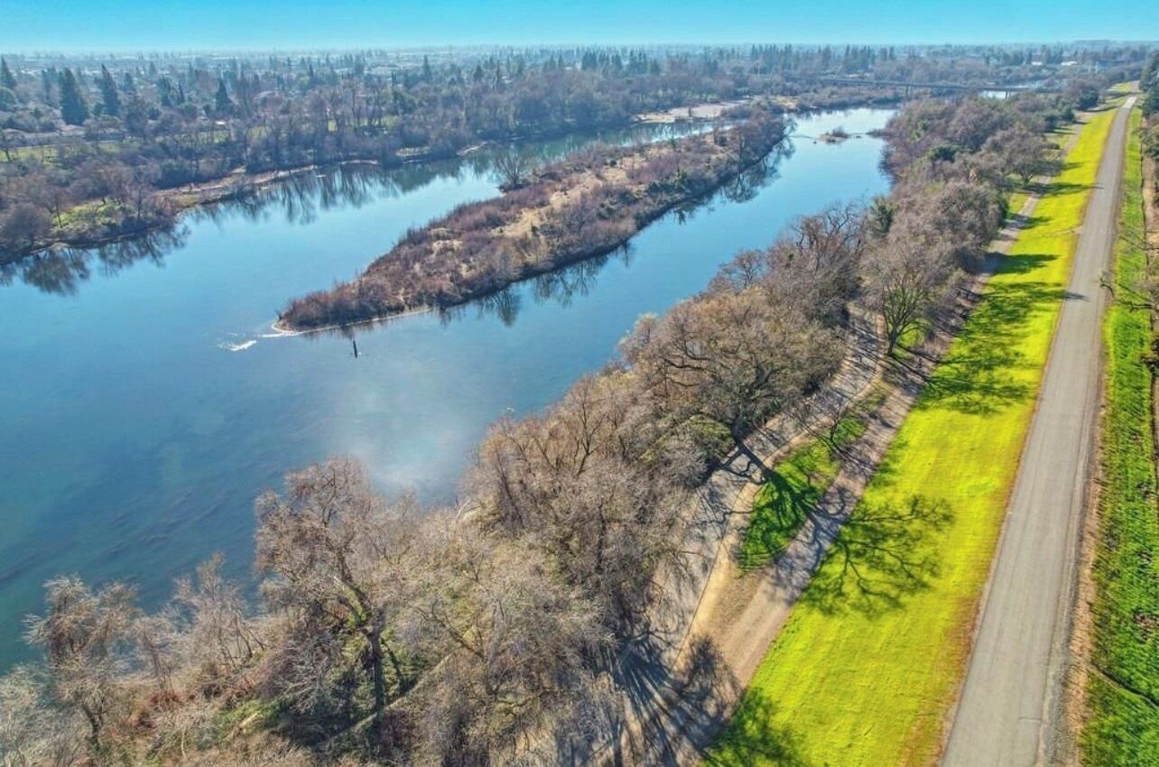 A river with a grassy bank and a road parallel to it.