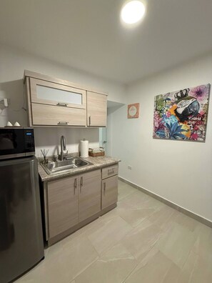 A modern kitchen with light wood cabinets, a stainless steel refrigerator, and a sink. - A&E L.A. Rental Apartments #3 (Carolina)