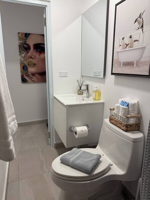 Douche, sèche-cheveux, serviettes fournies, savon