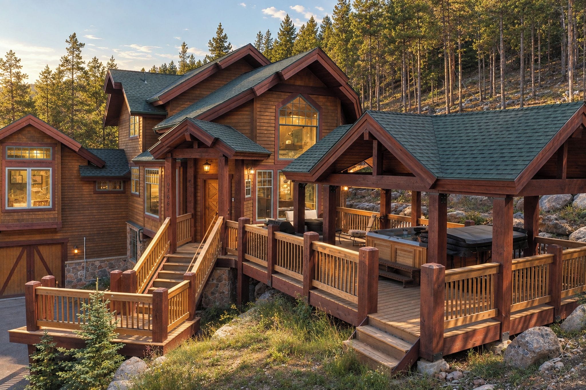 A wooden cabin with a deck, stairs, and a covered outdoor seating area.