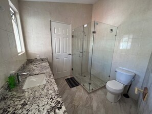 Shower, soap, toilet paper
