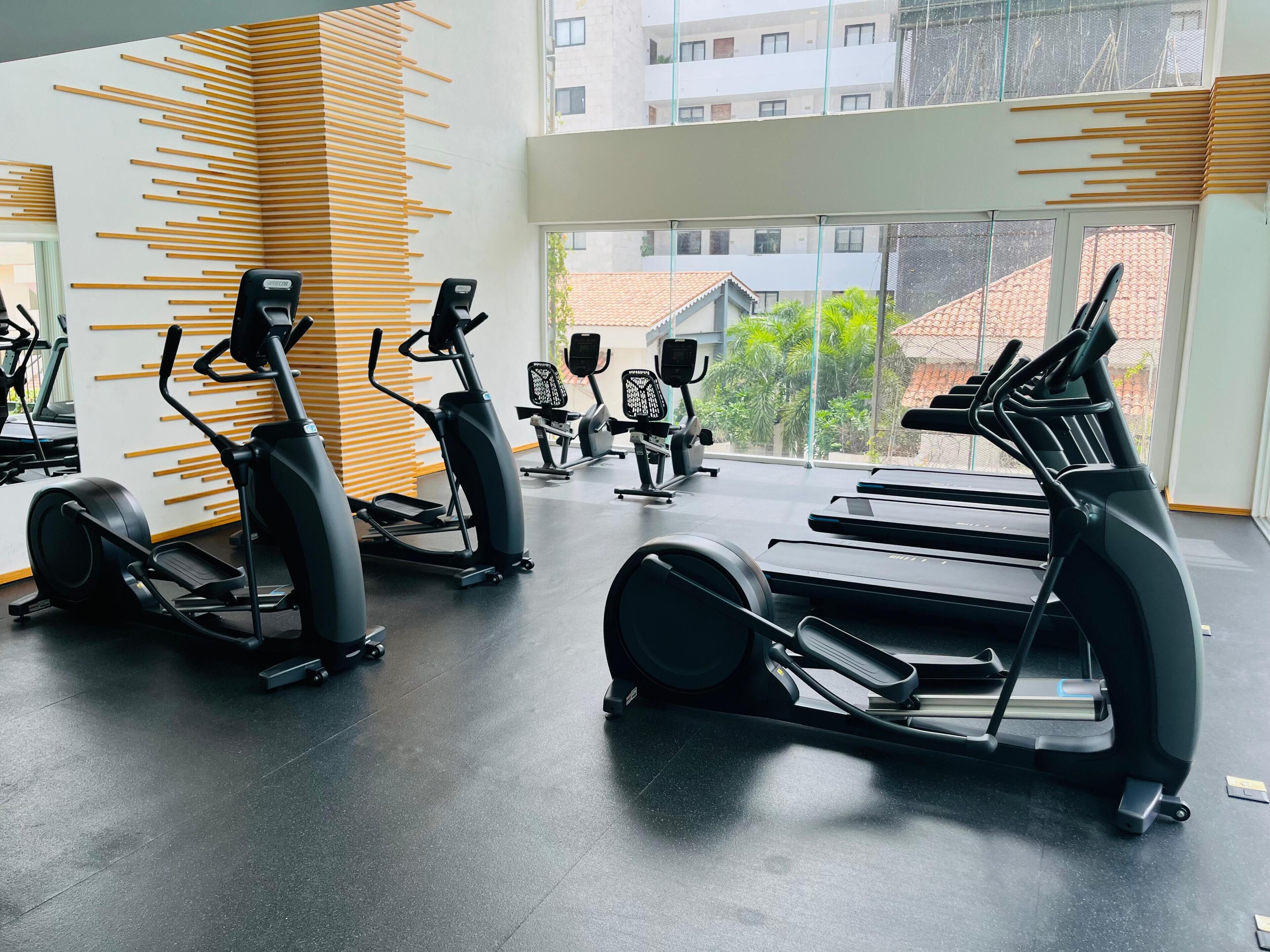 A gym with treadmills, elliptical machines, and stationary bikes.