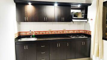 Een koelkast met diepvriezer, een microgolfoven, een kookplaat