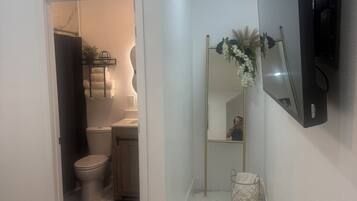 Hair dryer, towels, soap, toilet paper