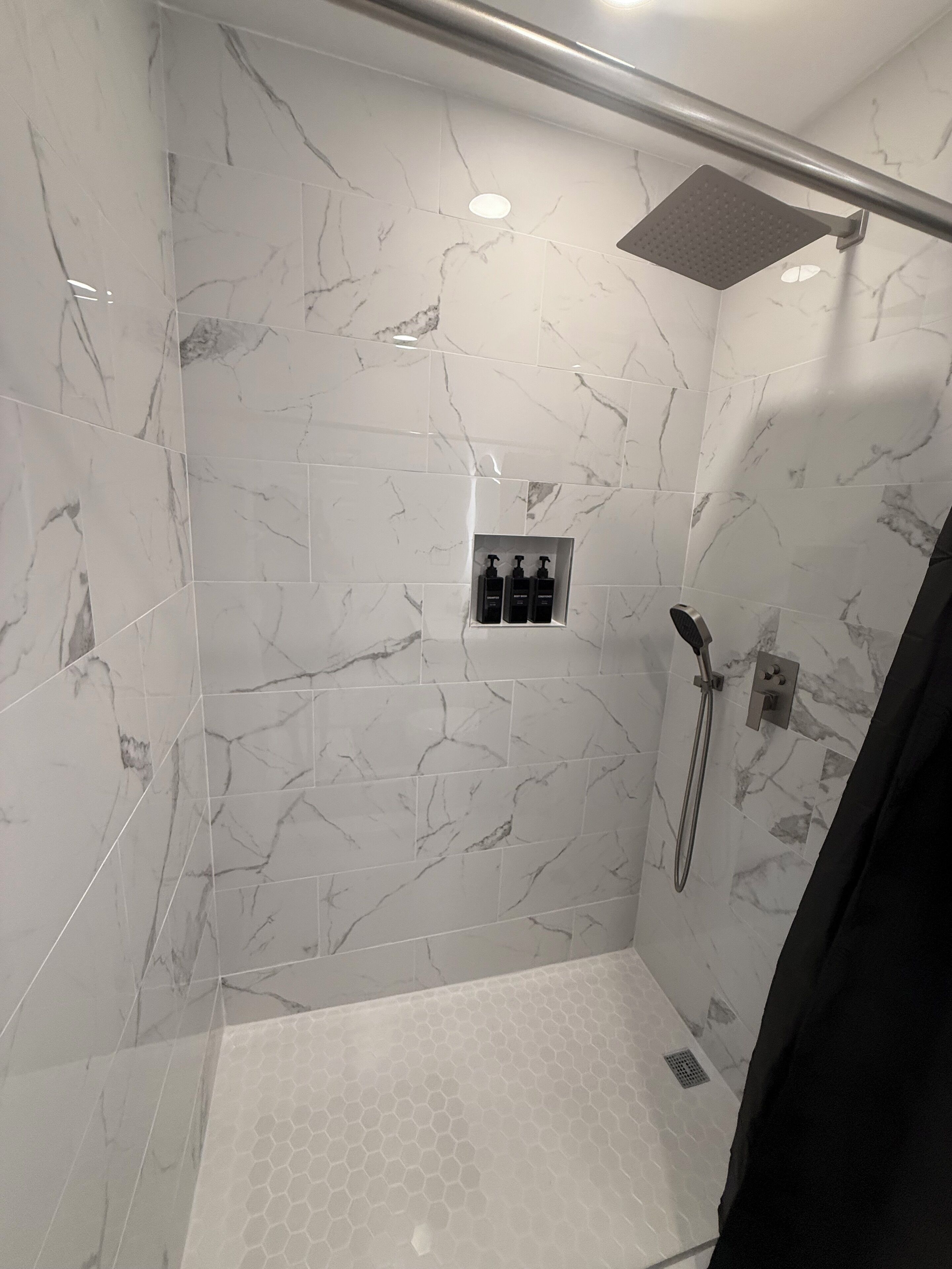 Hair dryer, towels, soap, toilet paper