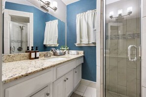 Shower, hair dryer, towels, toilet paper