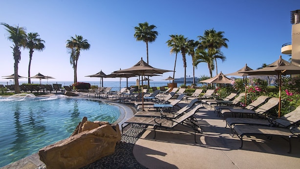 Un espace aménagé au bord de la piscine, avec des chaises longues et des parasols, des palmiers et une vue sur l’océan.