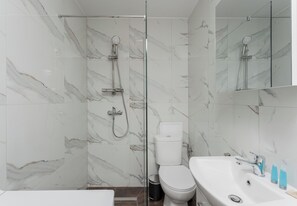 Shower, hair dryer, towels